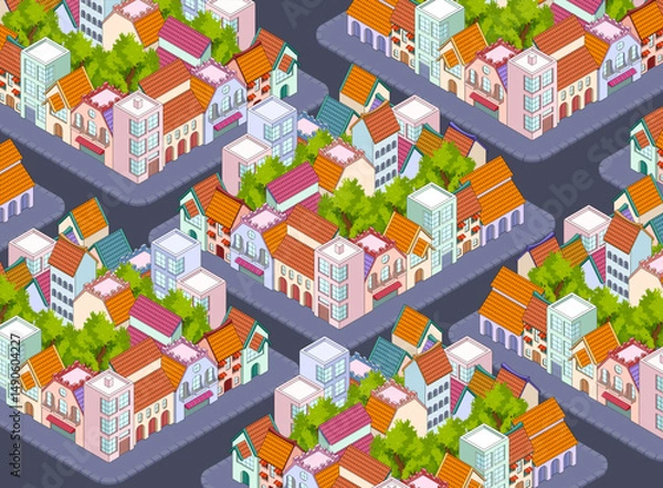 Fototapeta Isometric city landscape stock vector in gaming style, perfect for house building games. Features detailed buildings, roads, trees, and urban elements for a dynamic, top-down construction view.