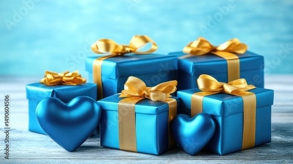 Obraz Father's Day 3D Graphic Design, Light Blue Background with Gold Ribbons and Blue 3D Hearts, Textured Grey Surface, Minimalist Corporate Event Poster, Gift Wrapping Inspiration