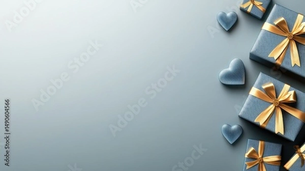 Obraz Father's Day 3D Graphic Design, Light Blue Background with Right-Side Blue Gold Gift Boxes, Textured Heart Shapes, Minimalist Empty Space Layout, Corporate Event Decoration, Modernist Art Style