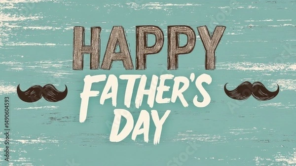 Obraz Father's Day Textured Teal Design, Brown White Layered Typography with Distressed Effect, "Father's" White Script Flanked by Mustache Shapes, Corporate Event Poster, Modernist Art Style