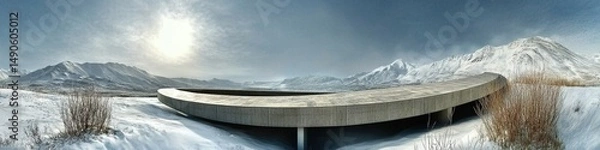 Fototapeta Futuristic Circular Rooftop with Striking Apex Overlooking Snowy Mountains. Modern Architectural Marvel Bathed in Sunlight Breaking Through Clouds. High-Resolution Surreal Commercial Background for Au