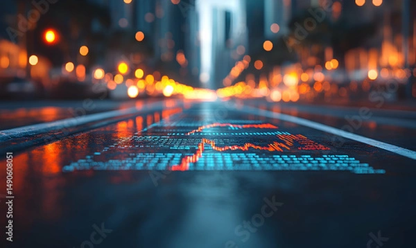 Obraz City street with bright lights & data graph reflection, creating a modern, tech-focused abstract scene
