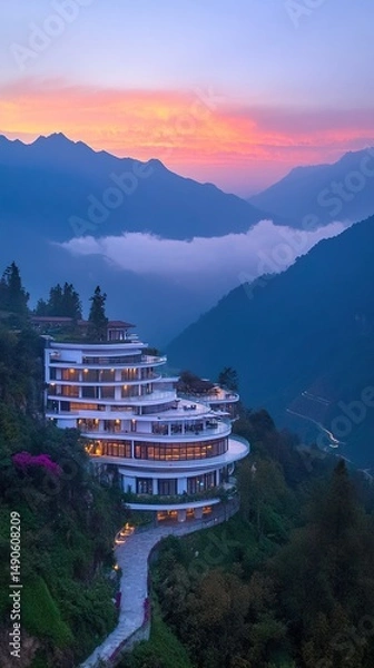 Fototapeta Majestic Circular Hotel Nestled in Mountains Bathed in Golden Sunset. Aerial View of Modern Architecture Enveloped by Misty Landscape. Cinematic Atmosphere for Luxury Car Advertisement Background