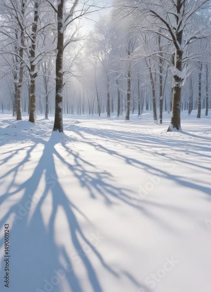 Obraz Snow-covered trees and ground, deep winter scene  Shadows lengthen across a vast expanse ,  snowy,  shadow