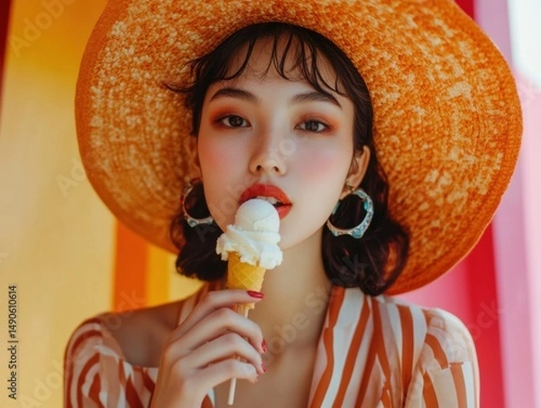 Fototapeta Asian woman enjoys cool ice cream in sunny summer straw hat