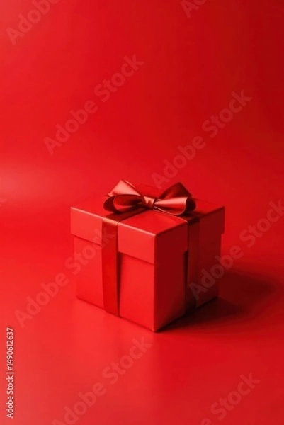 Fototapeta A single red gift box with a satin ribbon bow, sitting on a matching red background