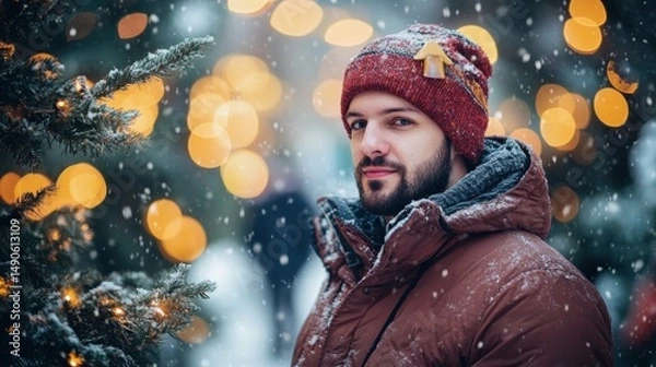 Fototapeta Man in Winter Hat and Puffer Jacket with Snowy Christmas Tree