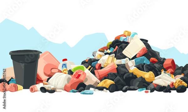 Obraz Large pile of mixed garbage and plastic waste heap with scattered trash bags and containers flat minimalist vector illustration for pollution and environment concept