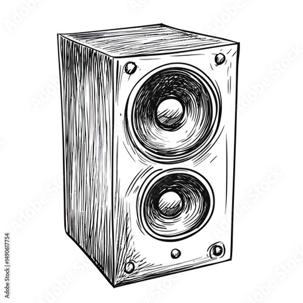 Obraz Hand drawn sketch of vintage music speaker cabinet with dual round drivers in black and white minimalist doodle style vector illustration for audio equipment concept