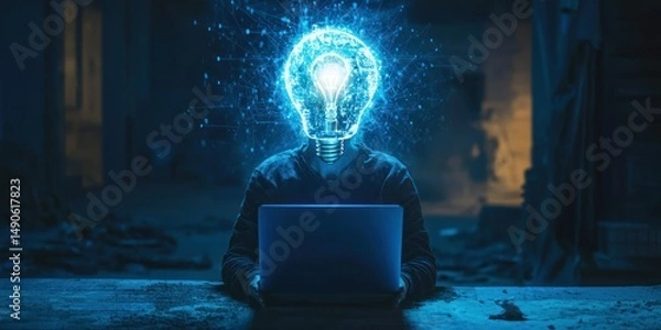 Fototapeta Surreal conceptual art of a person with a lightbulb head and blue laptop, representing AI Stock photo