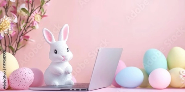 Fototapeta Sweet rabbit using a laptop for studying, Easter concept with pastel colors Stock photo