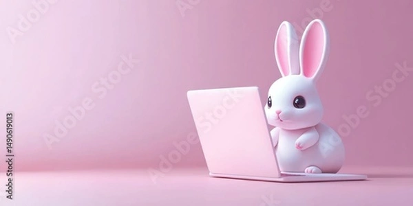 Fototapeta Sweet rabbit using a laptop for studying, Easter concept with pastel colors Stock photo
