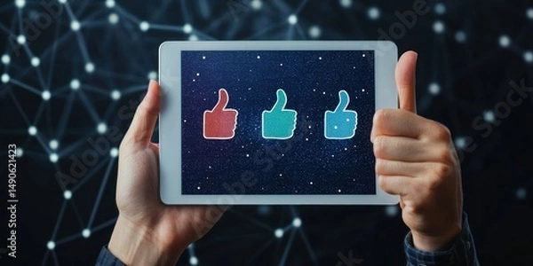 Fototapeta Tablet in hand with thumbs up and down feedback graphics Stock photo