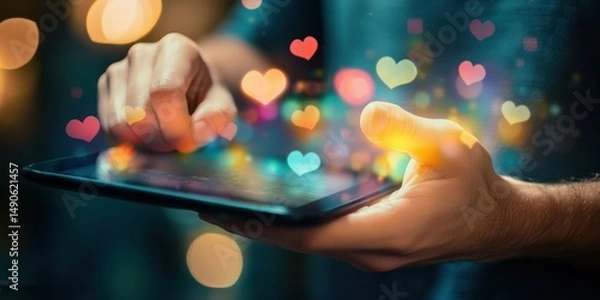 Fototapeta Tablet in hand with thumbs up and down feedback graphics Stock photo