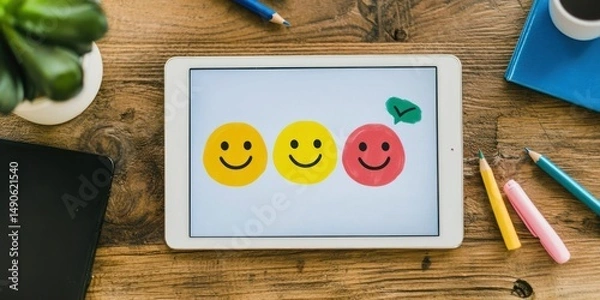Fototapeta Tablet in meeting showing satisfaction rate spikes Stock photo