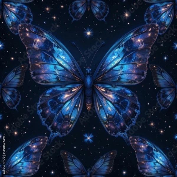 Fototapeta Seamless Pattern of Butterflies with Cosmic Wings Filled With Stars and Galaxies. Celestial Fantasy Vibes, For Wallpapers, Fabrics, and Magical Modern Art Designs
