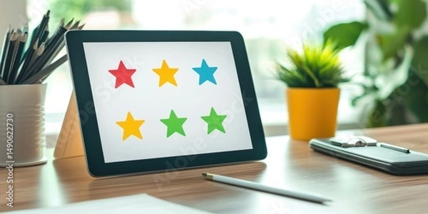 Fototapeta Tablet on modern desk displaying evaluation scores Stock photo