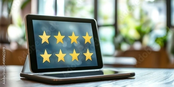 Fototapeta Tablet on table with digital evaluation summary and ratings Stock photo