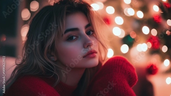 Fototapeta Portrait of a Thoughtful Woman in Red Sweater with Holiday Lights Background