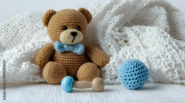 Fototapeta Adorable handmade teddy bear with a blue bowtie, surrounded by a soft white blanket and playful toys, perfect for a child's room.