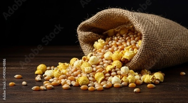 Fototapeta Burlap Sack of Popcorn Kernels and Popped Corn - Golden kernels and popped popcorn spill from a burlap sack onto a dark wooden surface. Symbolizing harvest, abundance, snack time, wholesomeness