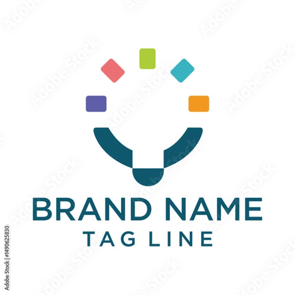 Obraz A vibrant and inclusive logo featuring a semi-circular, embracing shape in teal with colorful squares arranged above. Represents community, sharing, and diversity. Ideal for social or collaborative or