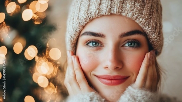 Fototapeta Close-up of a Smiling Woman in Winter Hat with Soft Bokeh Lights Behind Her