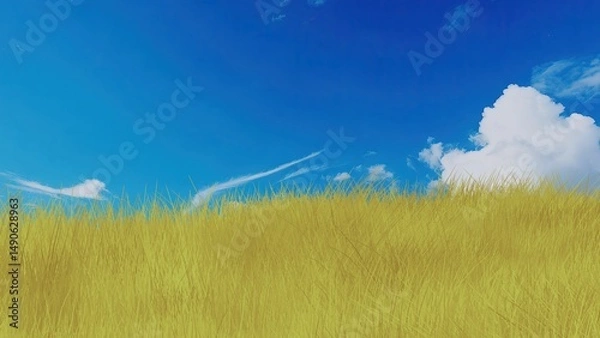 Obraz 青空と風に揺れる草原の3Dイラスト