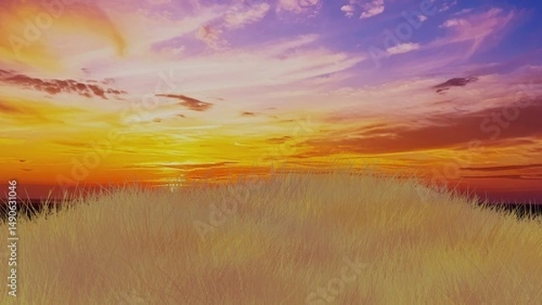 Obraz 美しい朝焼け（夕焼け）と野原の3Dイラスト