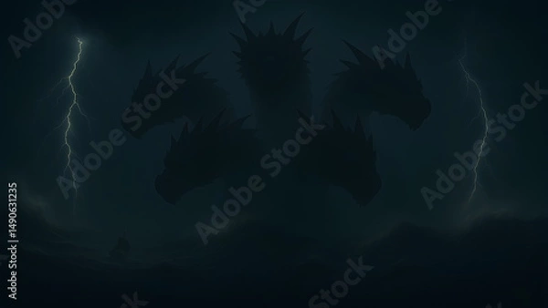Fototapeta Epic Sea Battle Scene: Silhouette of Five-Headed Hydra Facing a Ship in Thunderstorm