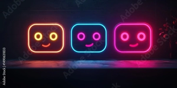 Fototapeta Tech-style review slider using 3D neon faces Stock photo