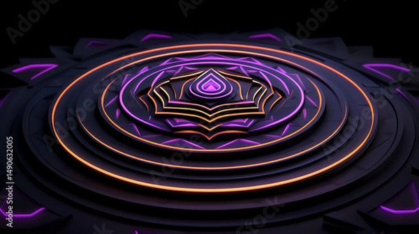 Obraz Radiant purple and orange mandala composed of layered glowing shapes. Represents energy, focus, and sacred patterns.
