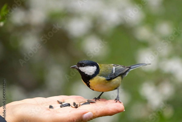 Fototapeta A wild great tit Parus major gently lands on an open hand in nature