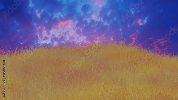 Obraz 朝焼け（夕焼け）と草原の3Dイラスト