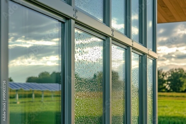 Fototapeta Architectural Digest-style shot of passive house with triple-glazed windows reflecting solar farm and self-cleaning nanocoatings showing water bead effect