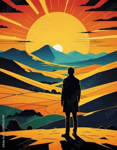 Fototapeta silhouette of a man standing in front of the mountain
