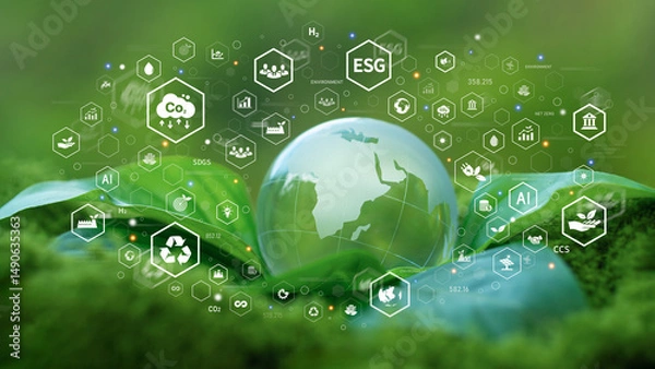 Fototapeta ESG Concepts for Environment, Society and Governance in Sustainable and Ethical Business Operations and Net Zero Carbon Emissions Technology Environment Organization Sustainable Development Environmen