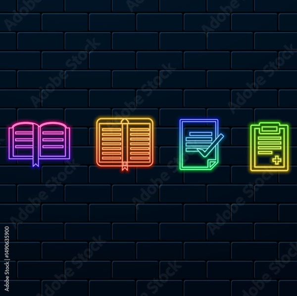 Obraz Book Library. neon style. medical report.Encyclopedia And Dictionary Vector Illustration. Open book icon in literature comic style.