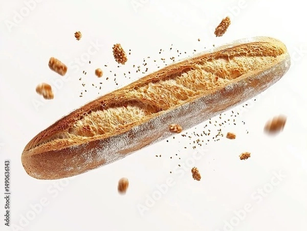 Fototapeta Centered composition of a traditional long French baguette dusted with brown flour, isolated on a white background. High-detail shot creating a clean, illustrative bakery-style effect.