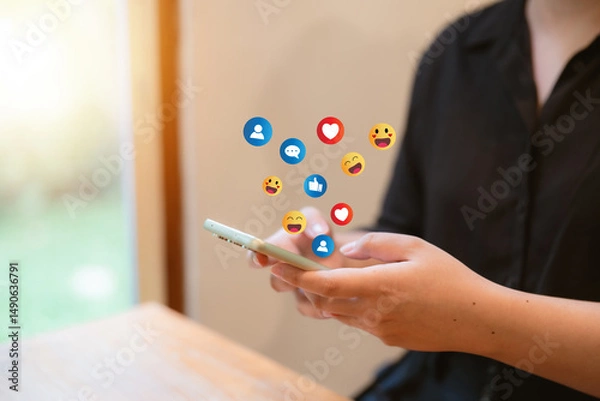Obraz The concept of living on vacation and playing social media. Social media and digital online concept, man using smart phone with Social media. Social Distancing ,Working From Home concept..