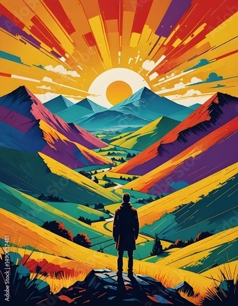 Fototapeta vector illustration of a man in mountain background 