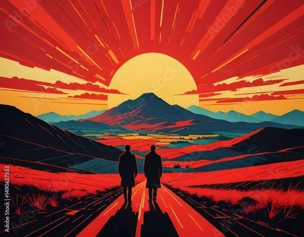 Fototapeta silhouette of  travellers in front of  mountain. Illustration