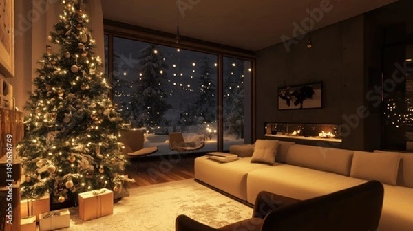 Fototapeta Christmas Tree and Presents in a Warm Interior with Snowy View