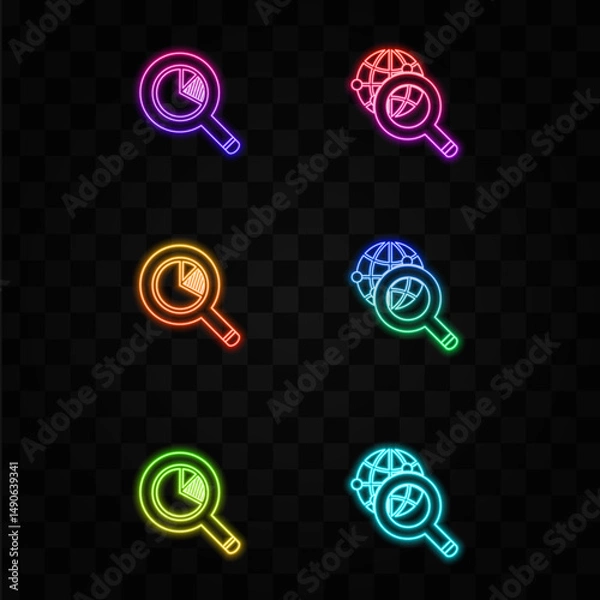 Obraz Illustration graphic icon symbol. graph with magnifying glass. business magnifying glass. neon style.