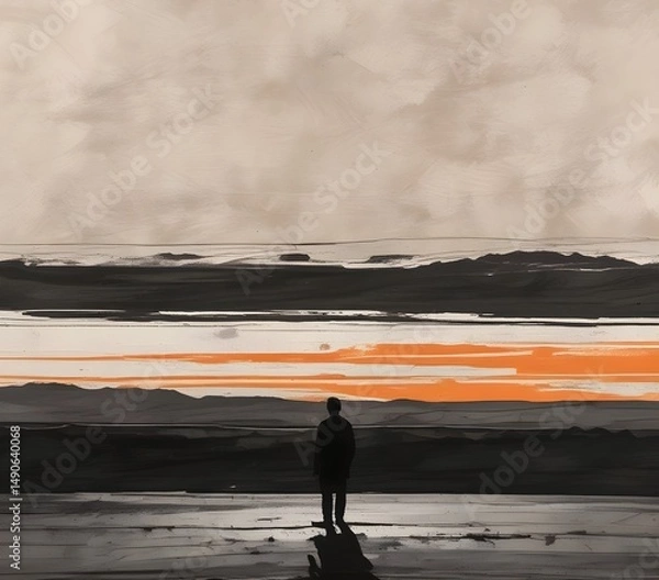 Fototapeta man walking on the beach at sunset