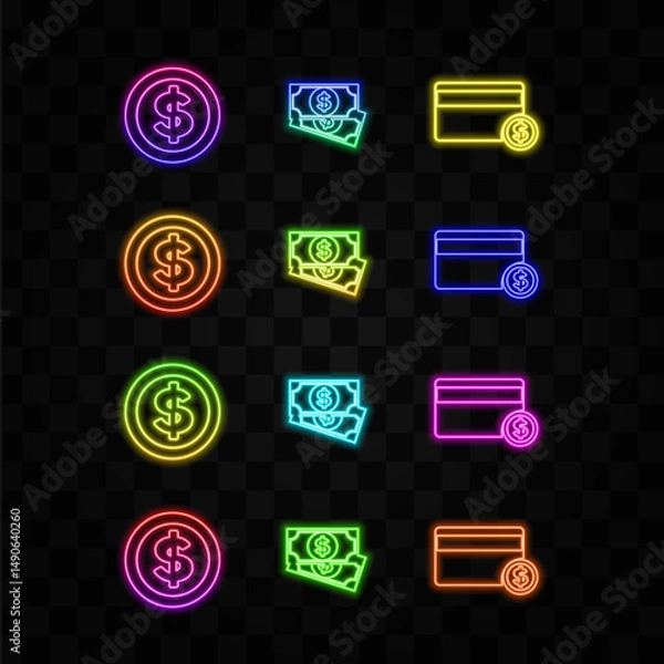 Obraz Money symbol. neon style. Dollar banknotes icon vector illustration. credit card with dollar symbol.