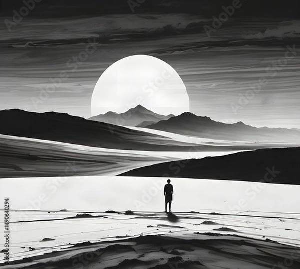 Fototapeta silhouette of a man in front of the mountain. Illustraton