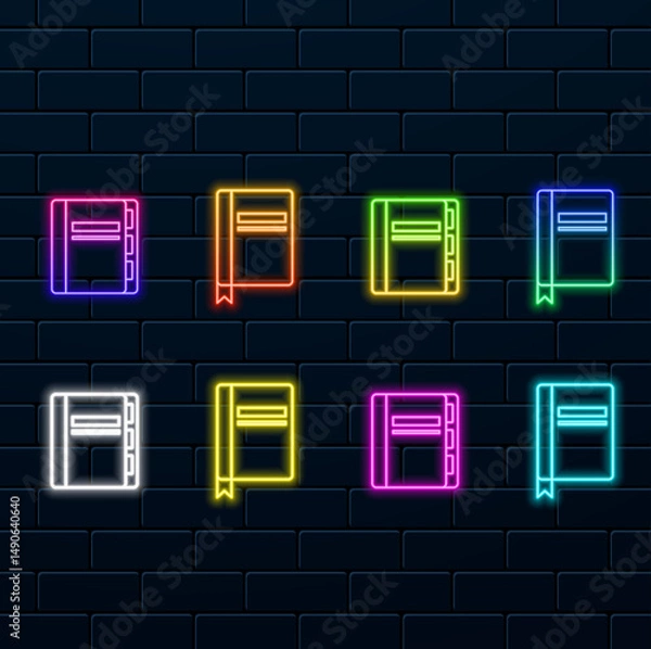 Obraz neon style notebook icon. taking notes. notebook.diary. illustration.open spiral book with bookmark. bound to ring notebook with empty lined paper sheets.