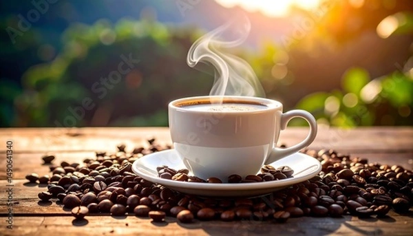 Fototapeta Morning Coffee Delight: A steaming cup of coffee amidst a pile of roasted beans, bathed in the warm glow of sunrise.