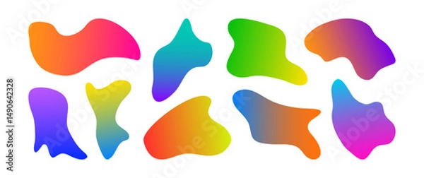 Fototapeta Shape organic irregular color gradient, liquid blob form, neon colored figure, round curve bubble rainbow gradation bg, fluid spot texture set isolated on white background. Wavy vector illustration